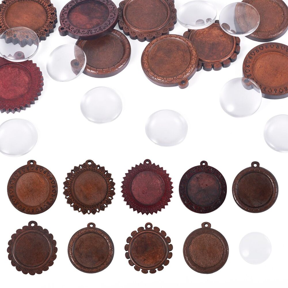 7684 9Pcs Bezel Pendant Trays Blank Round Wooden Pendants Bases Vintage